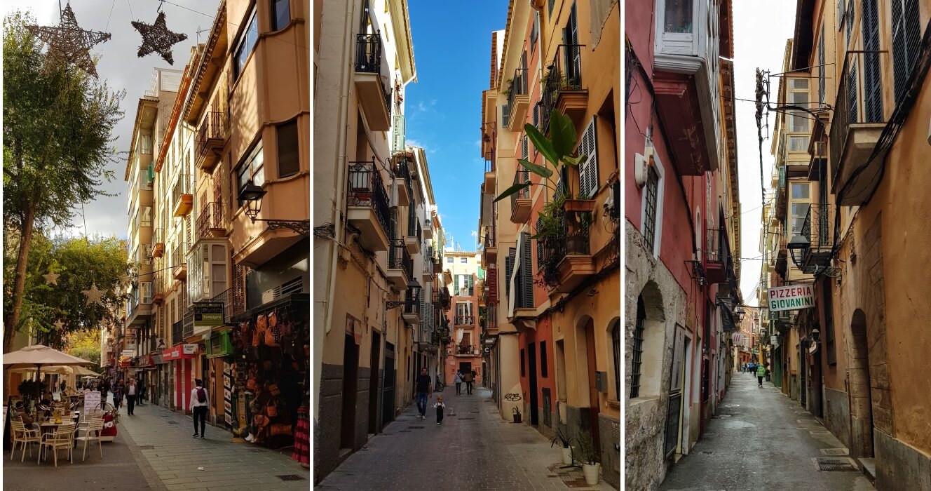 Tre bilder av gamlebyen i Palma, Mallorca