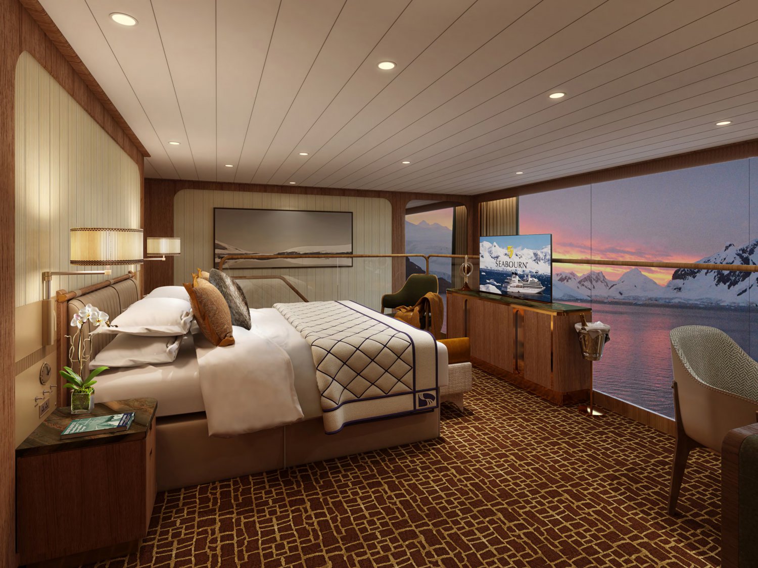 Wintergarden Suite om bord på cruiseskipet Seabourn Expedition. Illustrasjon.