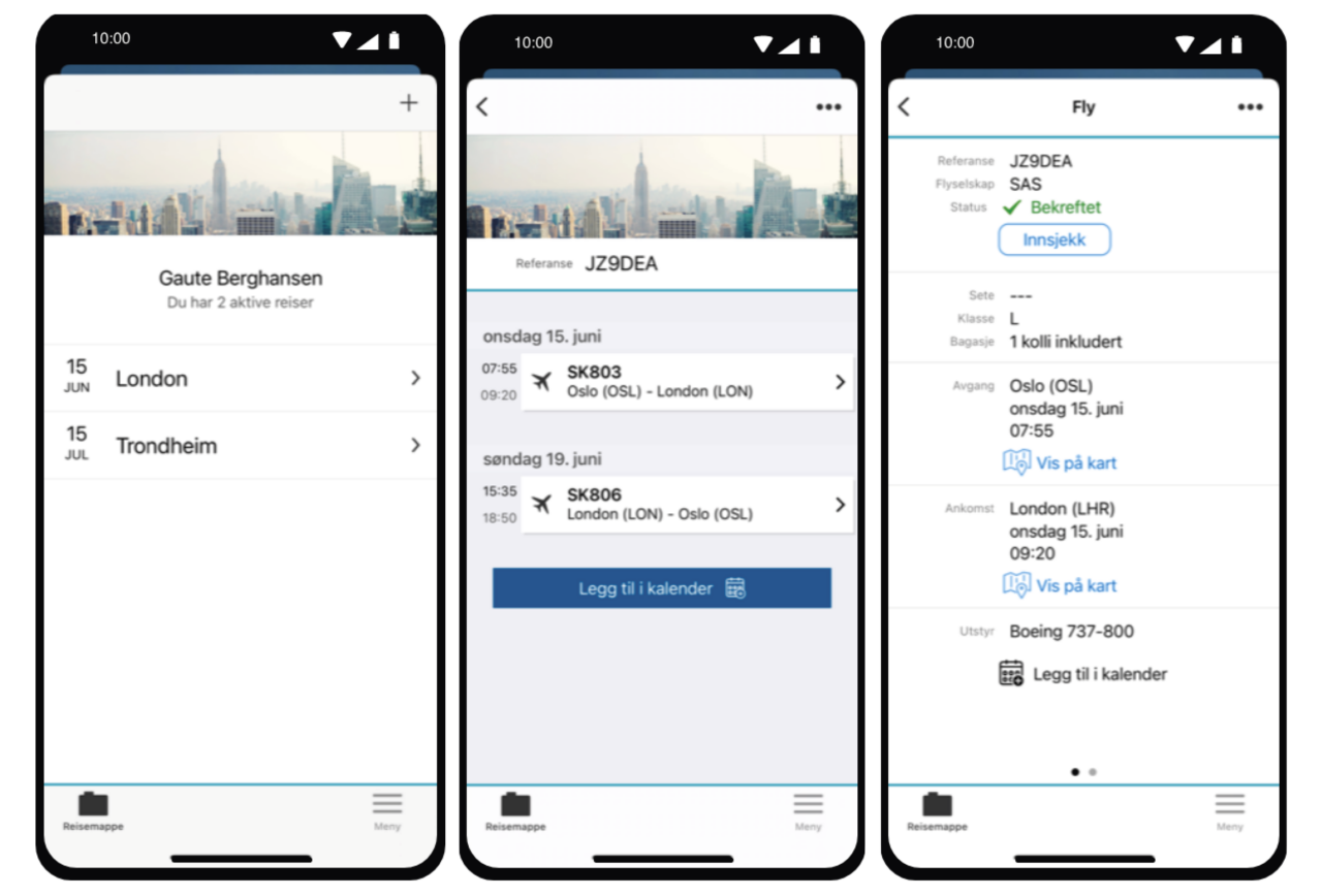 Tre mobilskjermer som viser en flybooking i Berg-Hansen App