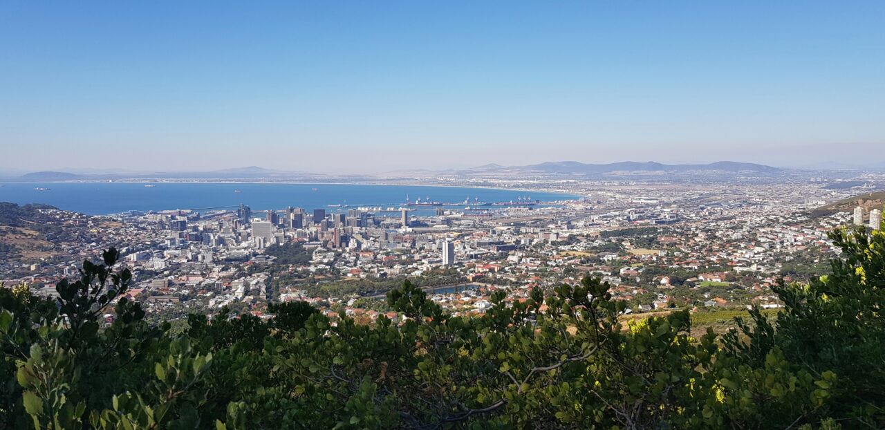 Utsiktsbilde som viser en storby beliggende ved havet. Foto