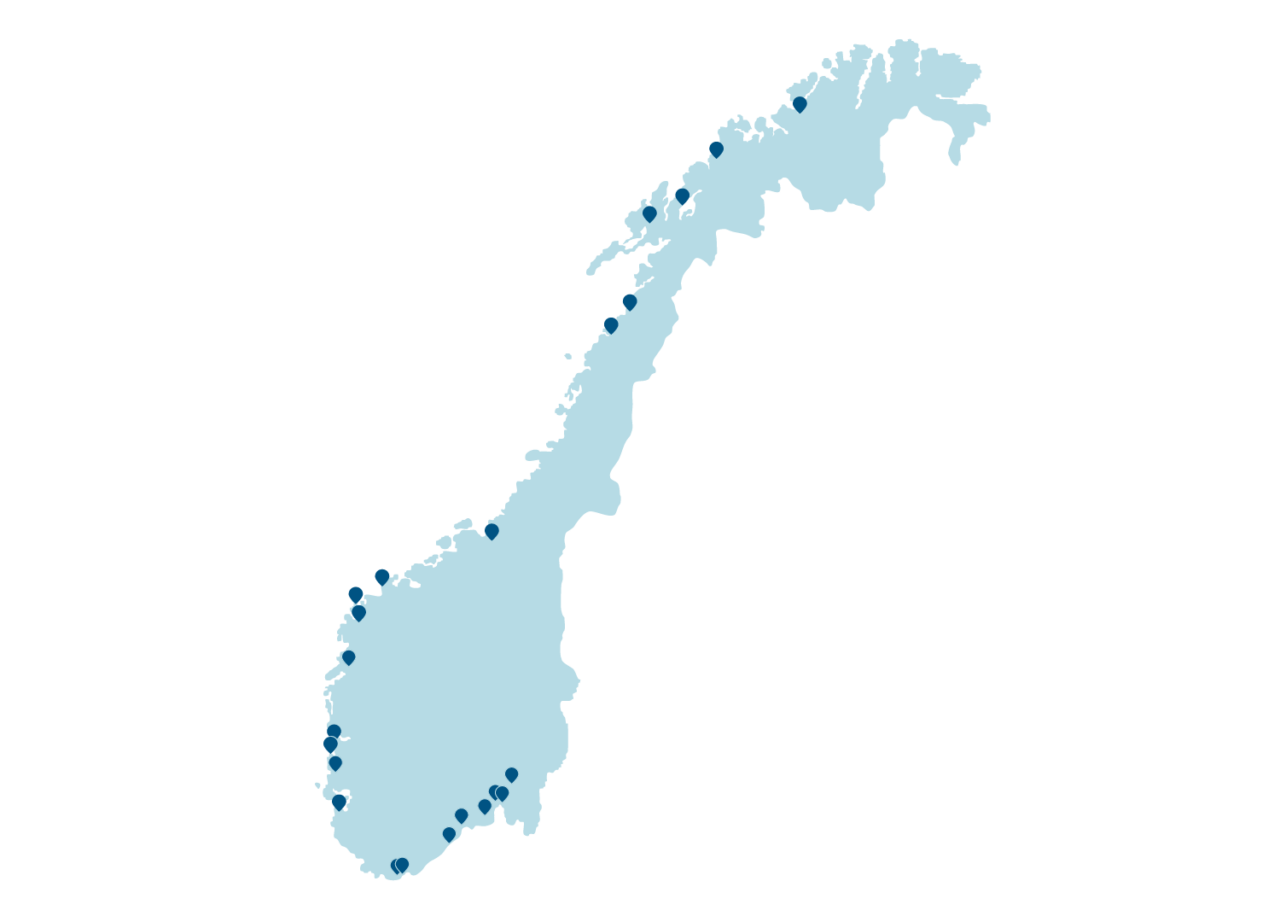 Et norgeskart hvor Berg-Hansen sine kontorer er merket. Illustrasjon