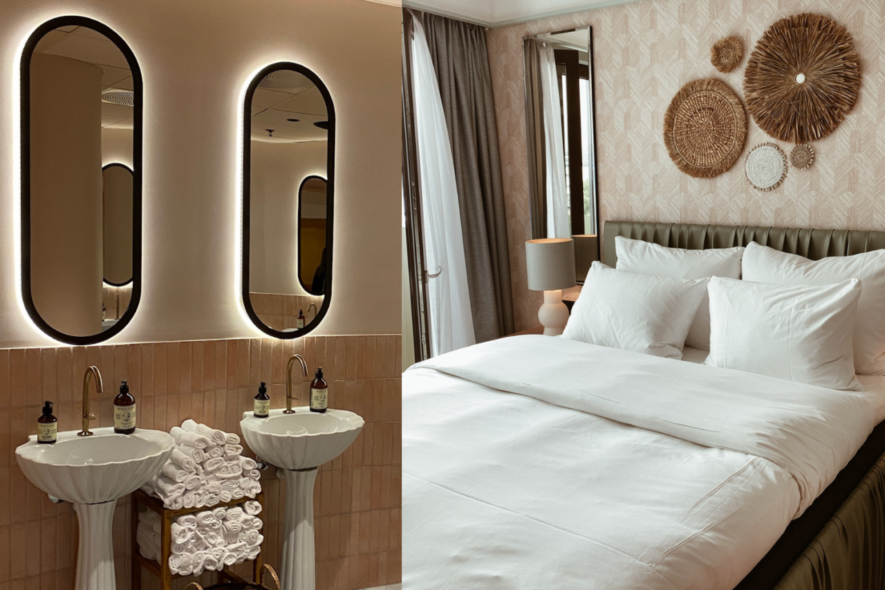 To bilder satt sammen fra Hotel Riviera. Et lekkert bad og et hotellrom. Foto