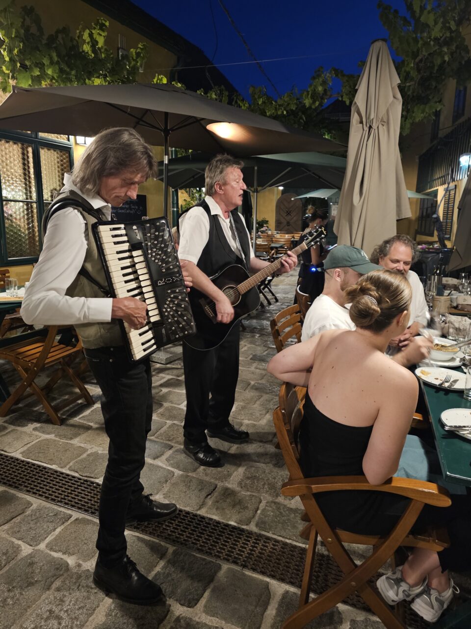 To musikere spiller live for en litengruppe mennesker. Foto