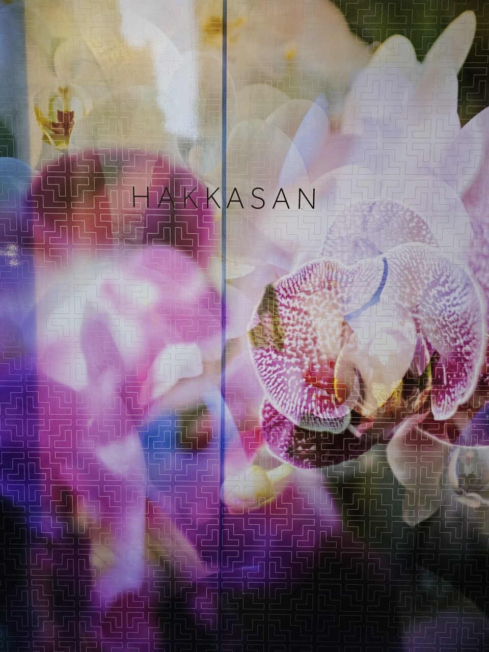 Vakkert blomstertrykk med teksten "Hakkasan". Foto