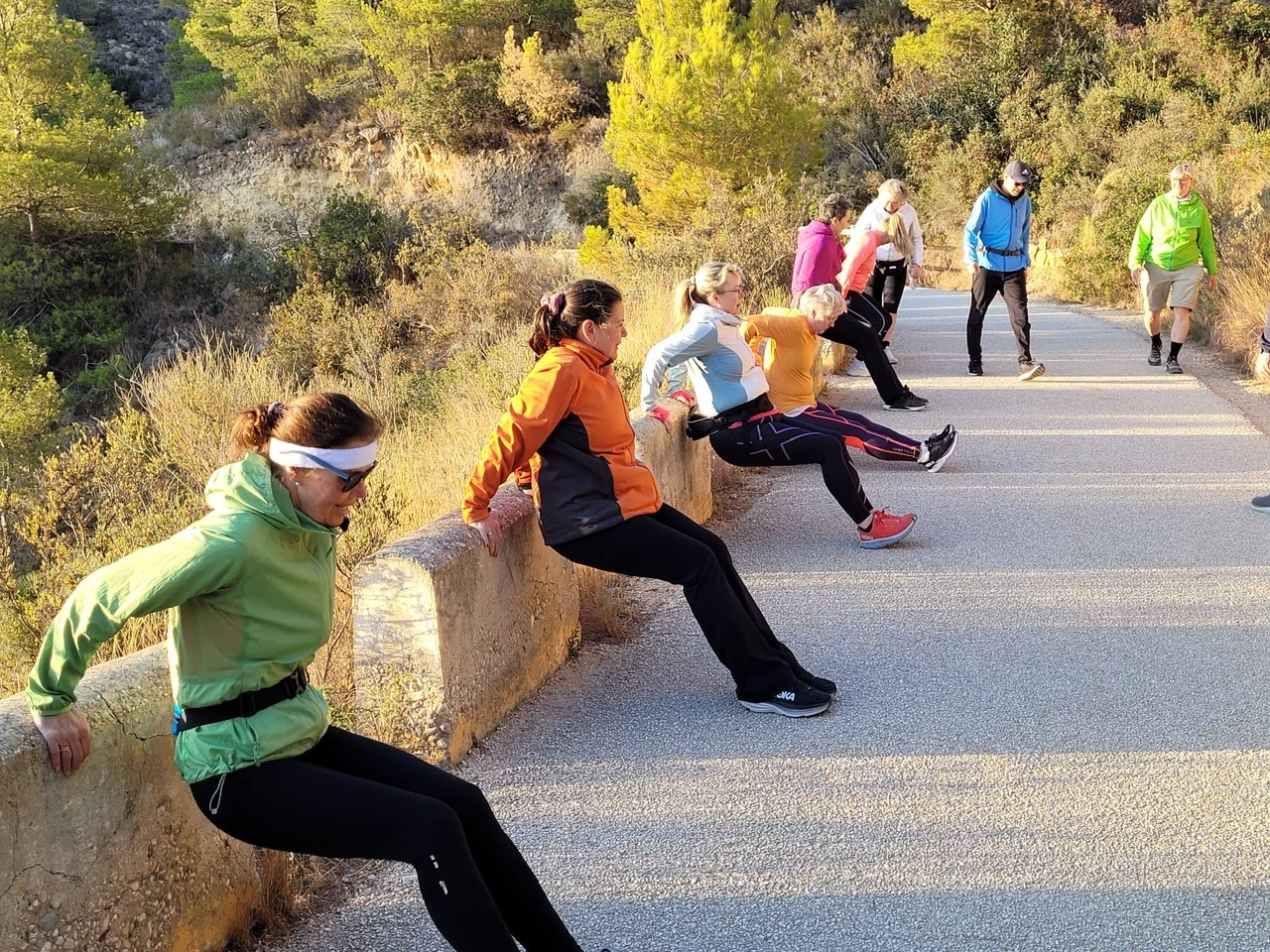 En gruppe mennesker kledd i treningsantrekk gjør styrketrening langs en mur. Grønt landskap. Foto