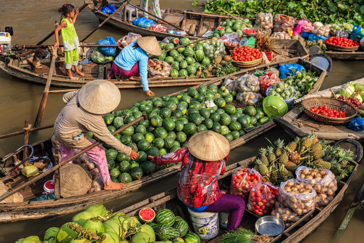 Vietnamesiske kvinner i båt selger frukt på Mekong. Foto