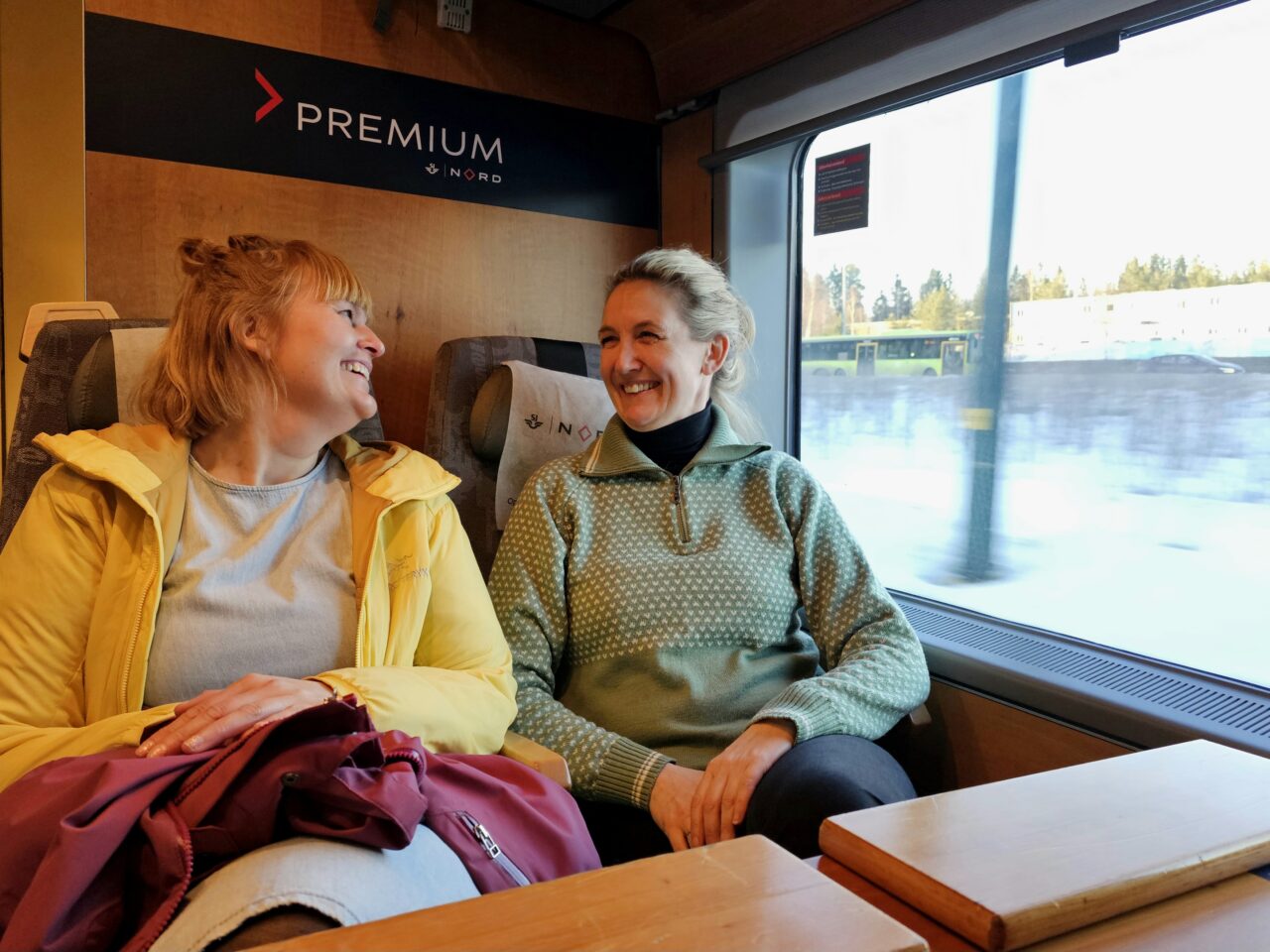 To glade kvinner om bord tog. Foto