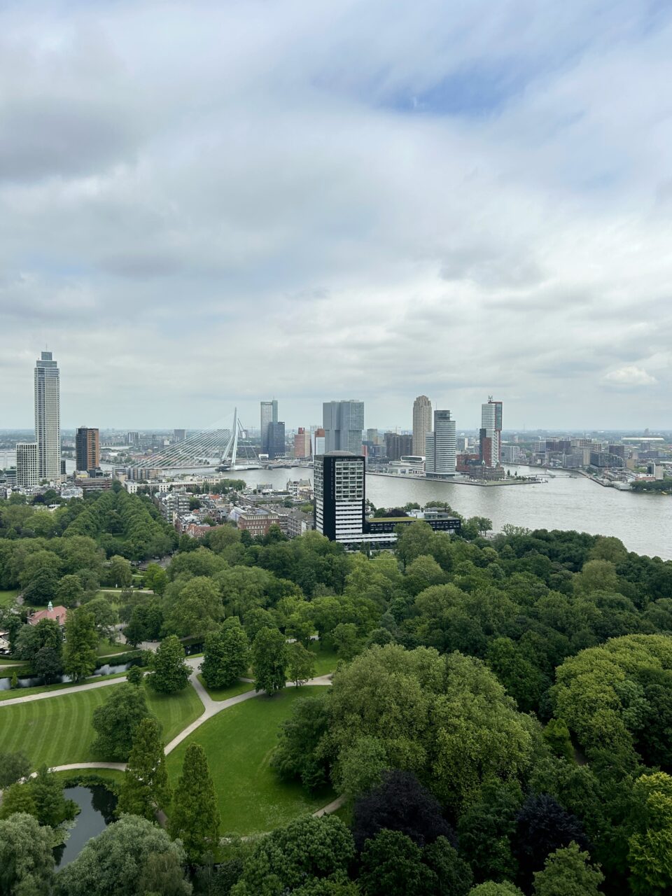 Grønne parker og høye hus sett fra Euromast. Foto