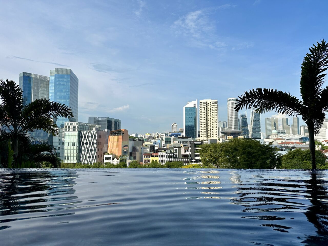 Infinity-pool med utsikt over Singapore skyline og moderne høyhus. Foto