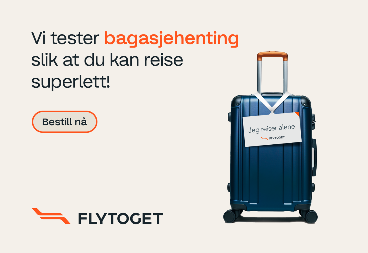 En reklameplakat for Flytogets Bagasjehenting. Foto